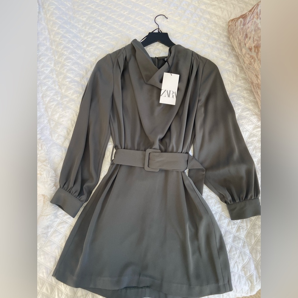 Zara Mini Belted Dress Size Xsmall Green